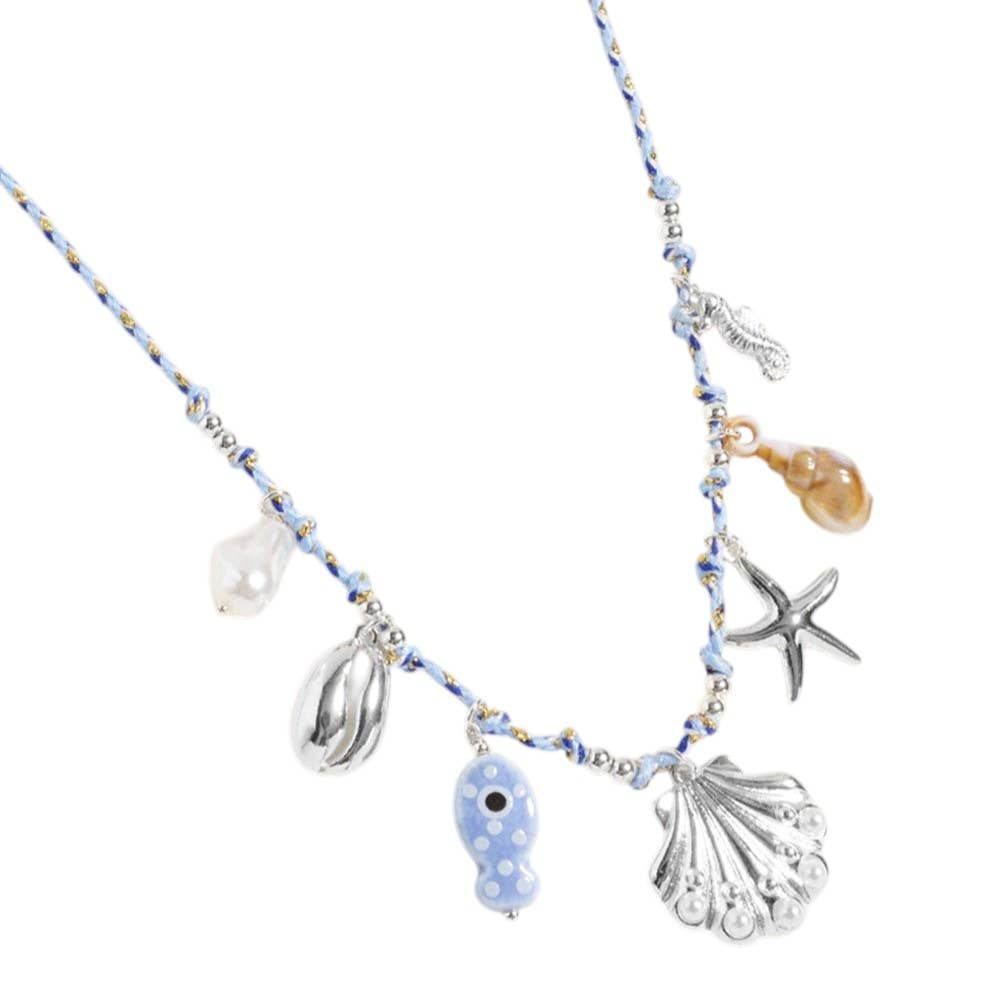 J5. Pearl Seashell Starfish Seahorse Charm Station Fabric Chain Twisted Necklace