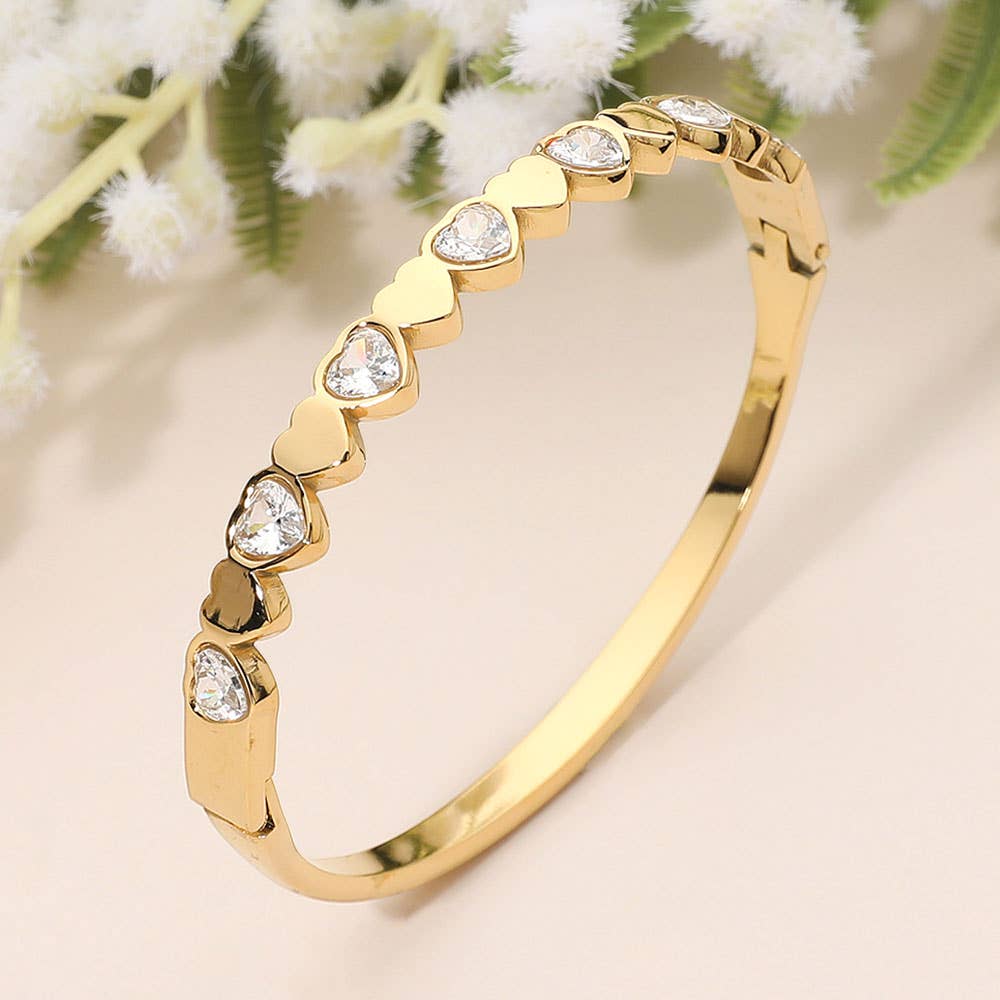 SECRET BOX_Stainless Steel Heart Crystal Hinged Bangle Bracelet