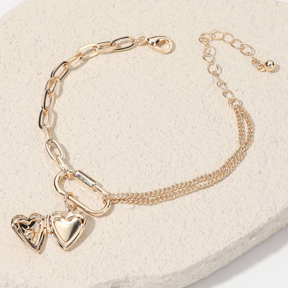 SECRET BOX_Stone Heart Locket Carabiner Charm Bracelet: Gold