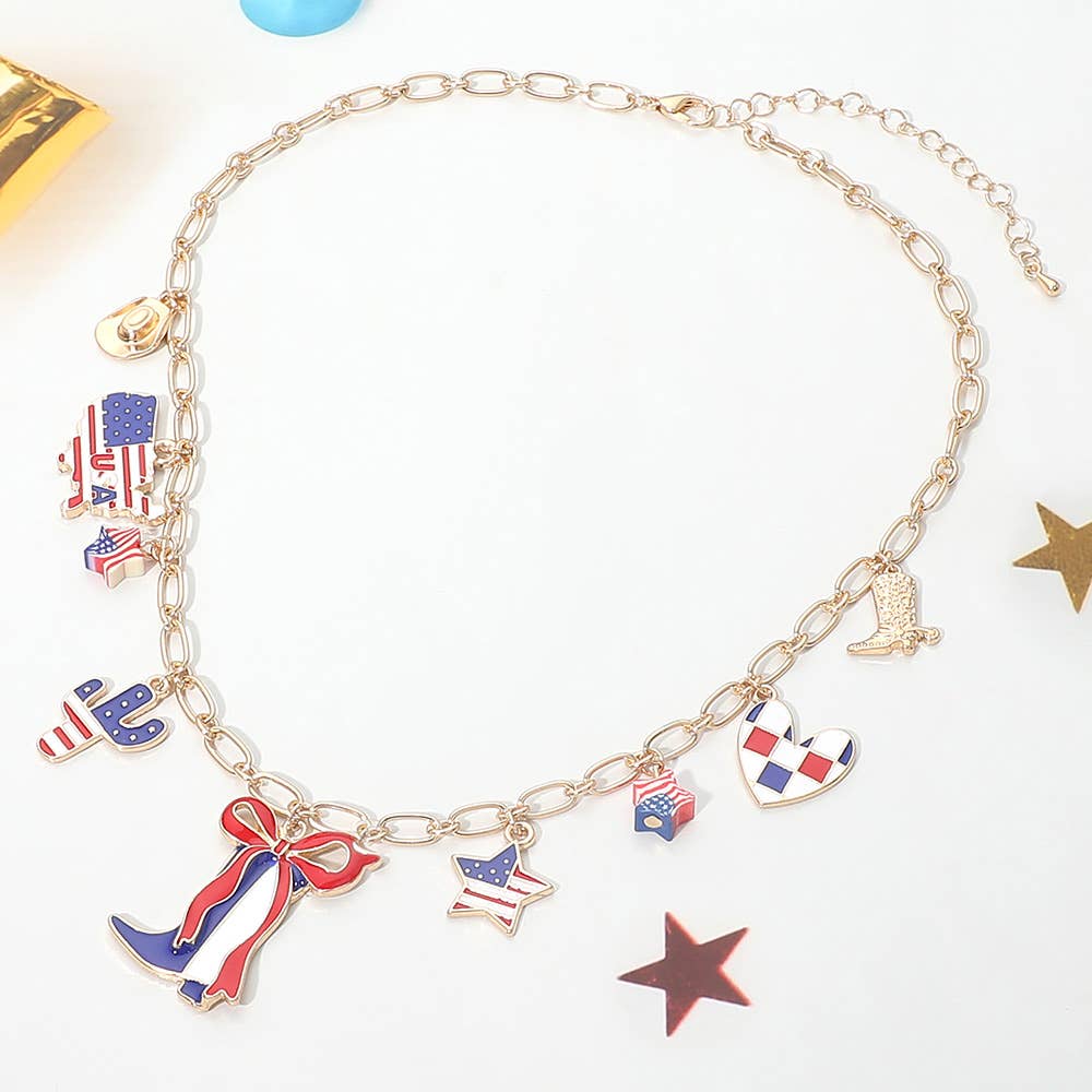 J1. American USA Flag Western Boot Cactus Map Heart Star Charm Station Necklace
