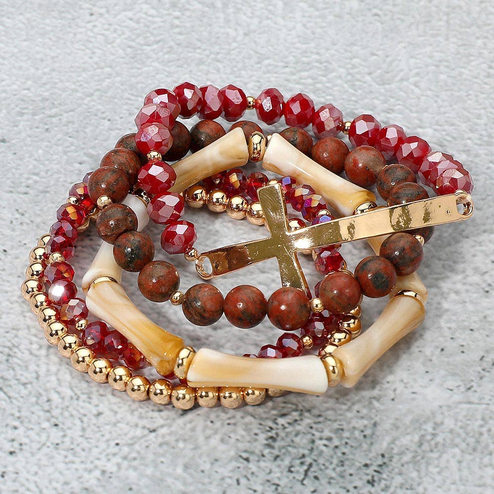 5PCS - Metal Cross Accent Resin Bamboo Bar Faceted Beaded Stretch Multi Layered Bracelets
