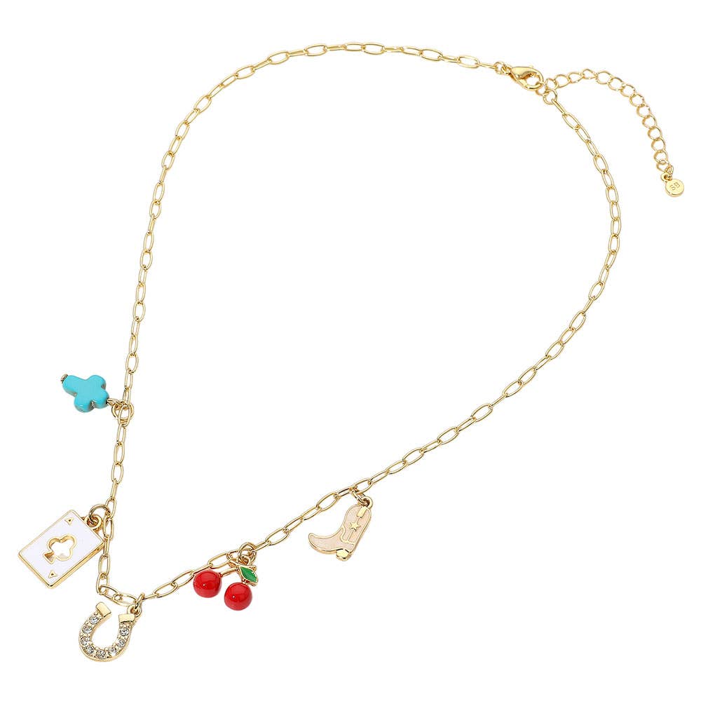SECRET BOX_14K Gold Dipped Western Horseshoe Cowboy Boot Cross Playing Card Cherry Charm Station Paperclip Chain Necklace: Gold