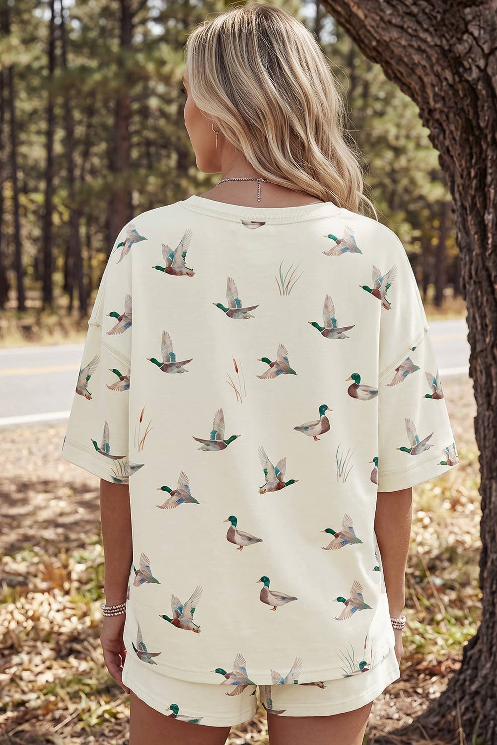 Fall Mallard Duck Print Oversized Tee Drawstring Short Set
