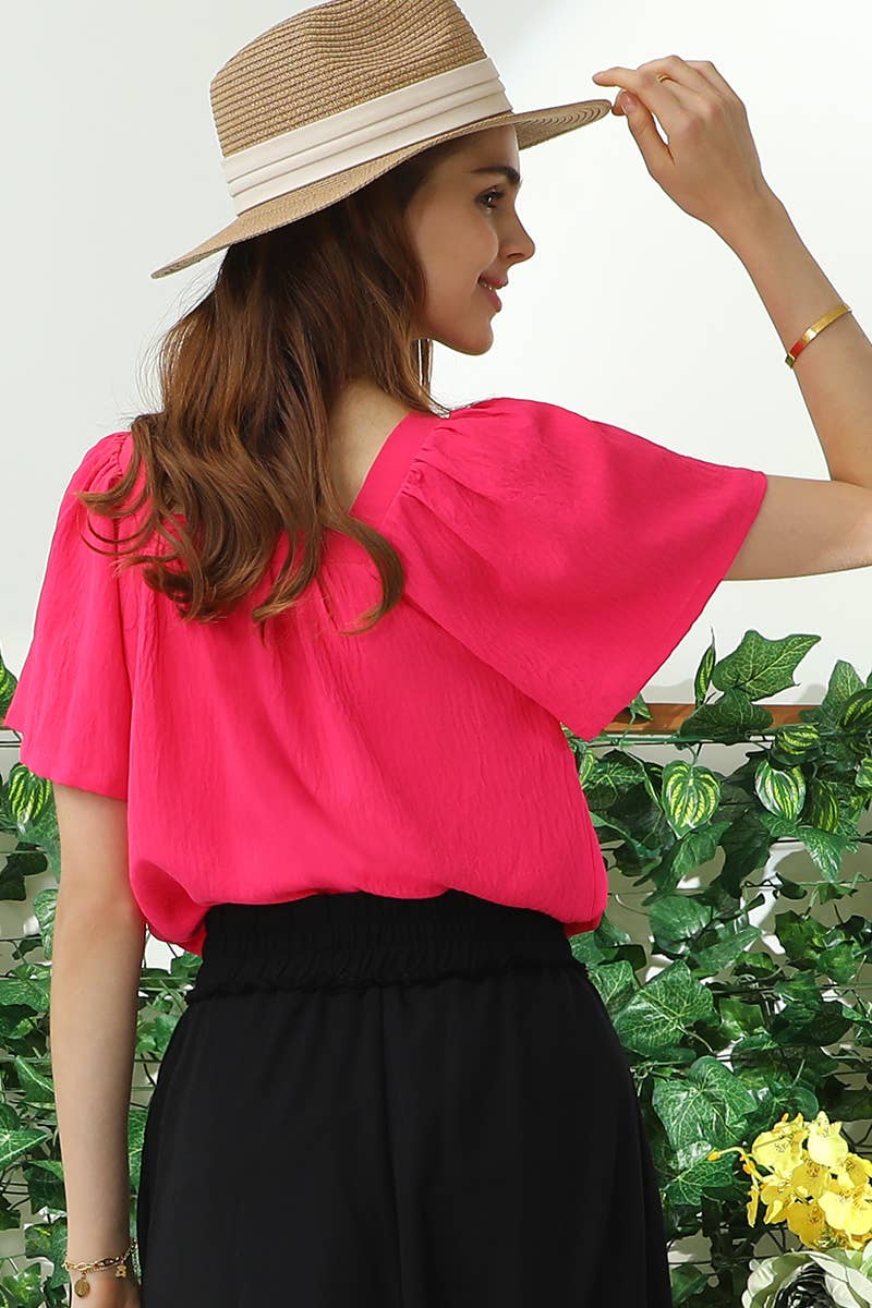 PLUS SQAURE NECK RUFFLE NECK SHORT SLEEVE BLOUSE