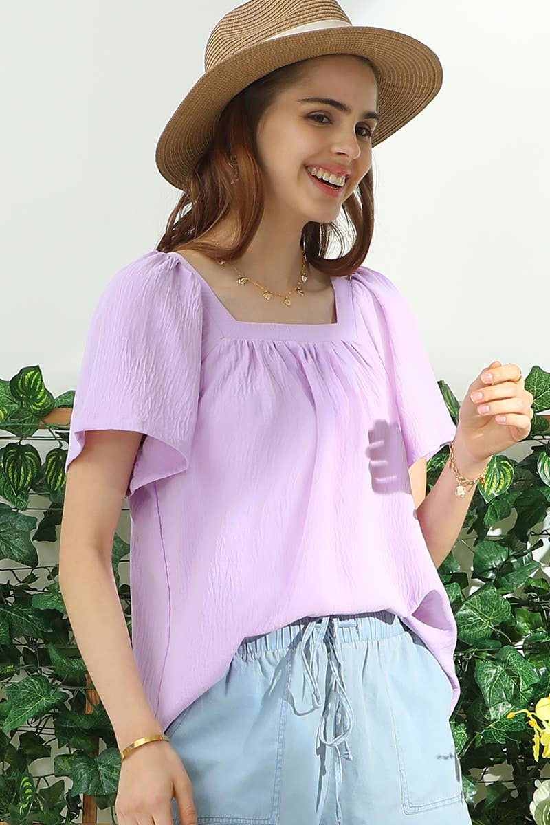 PLUS SQAURE NECK RUFFLE NECK SHORT SLEEVE BLOUSE