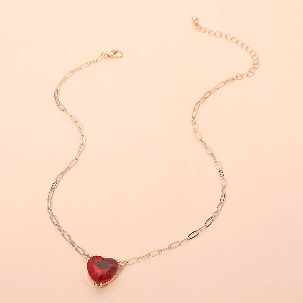 J38. Heart Stone Pendant Paperclip Chain Necklace