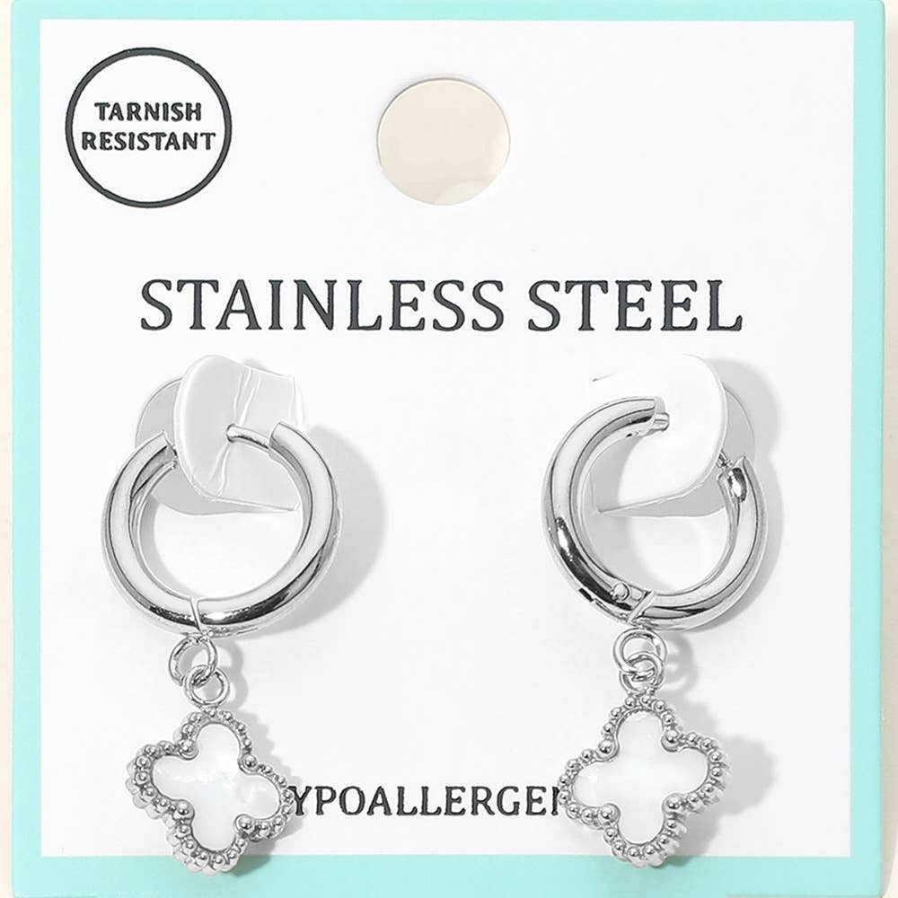 J11. Stainless Steel Quatrefoil Charm Drop Dangle Huggie Hoop Earrings