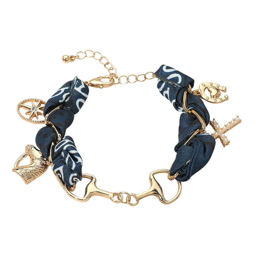 Horsebit Link Center Horse Horseshoe Pearl Cross Starburst Charm Station Fabric Bracelet: Gold,Turquoise