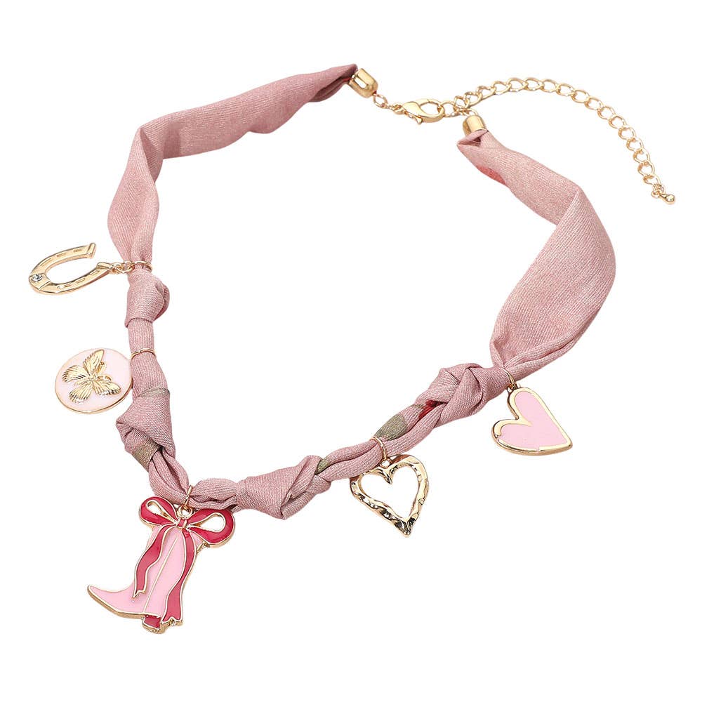 Bow Boot Heart Butterfly Charm Station Fabric Scarf Necklace
