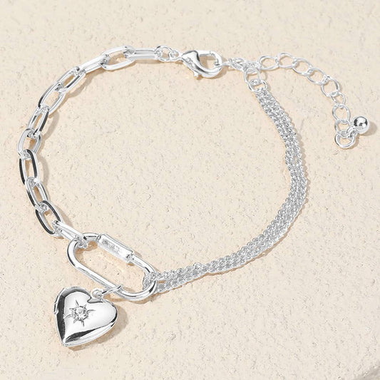 SECRET BOX_Stone Heart Locket Carabiner Charm Bracelet: Silver