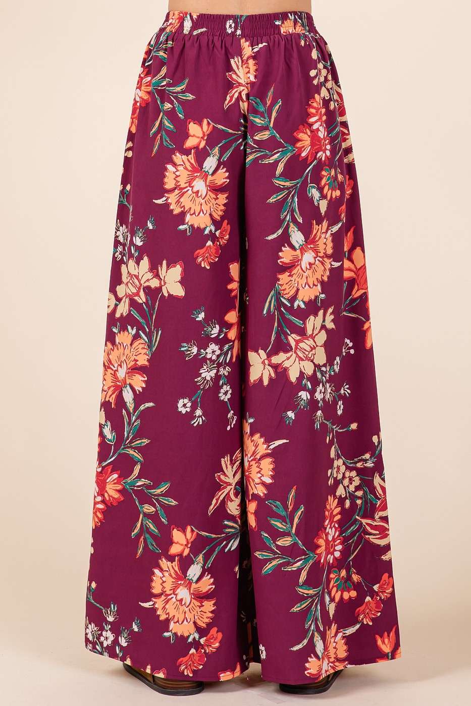 FLOWER PRINT ELASTIC WAIST MID RISE WIDE LEG PANTS