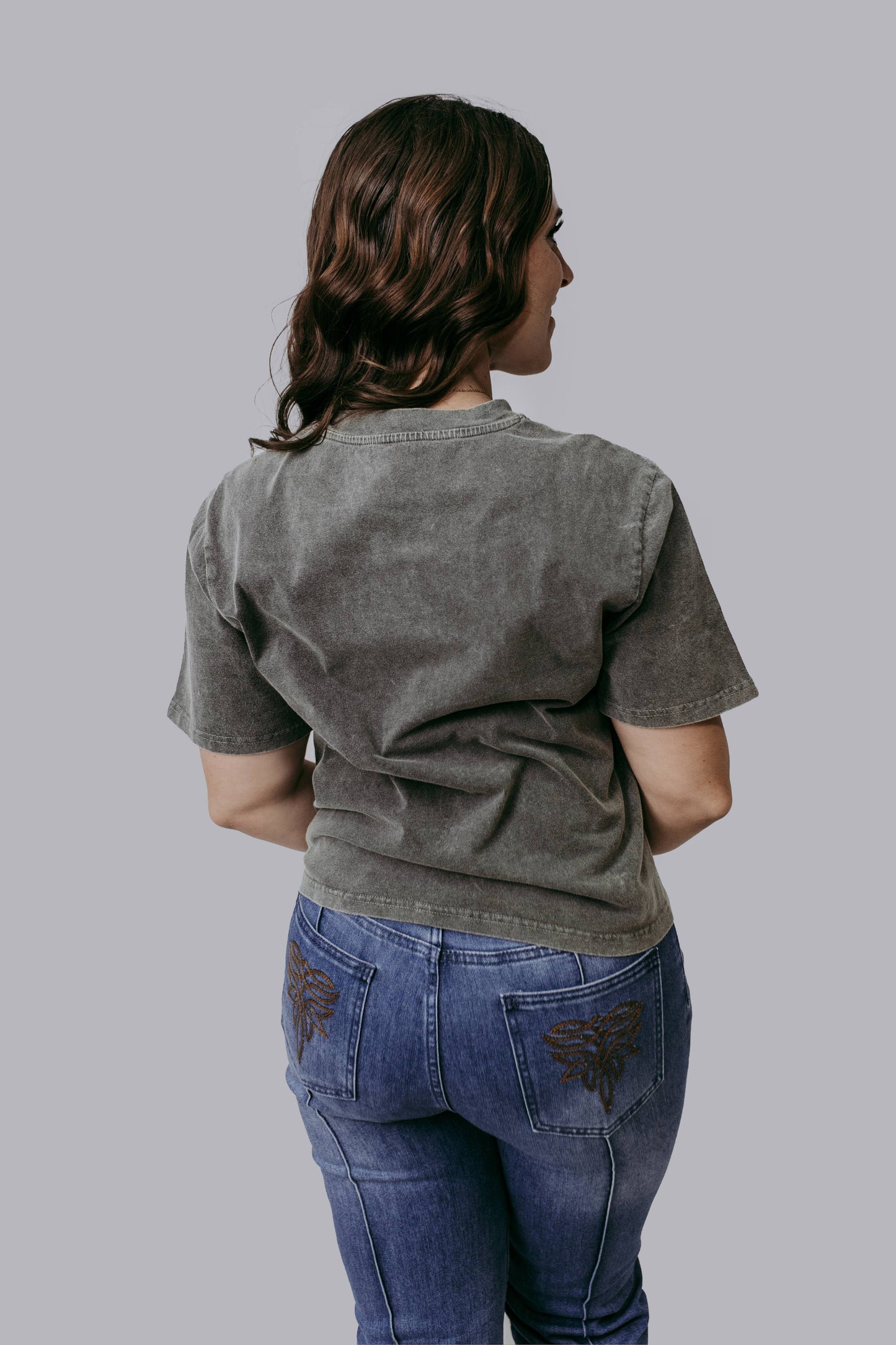 MK639 Cowgirl Embroidery Acid Washed Tee