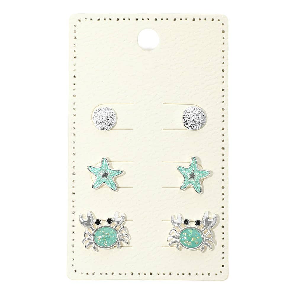 J2. 3Pairs - Ocean Theme Sand Dollar Starfish Crab Stud Earring Set