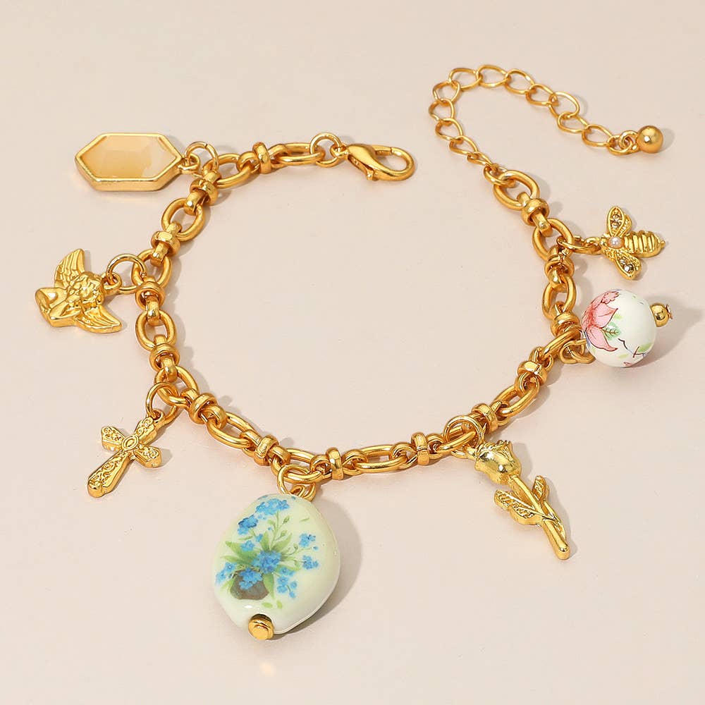 Vintage Floral Ceramic Charm Metal Angel Flower Stem Honey Bee Charm Station Bracelet: Green,Matte Silver