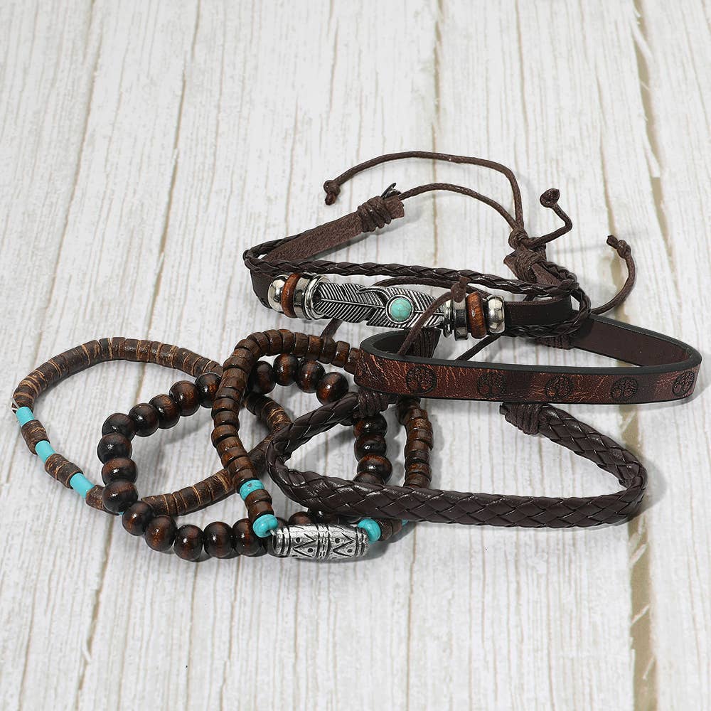 6PCS - Boho Western Feather Charm Accent Braided Adjustable Wooden Beaded Stretch Multi Layered Bracelets