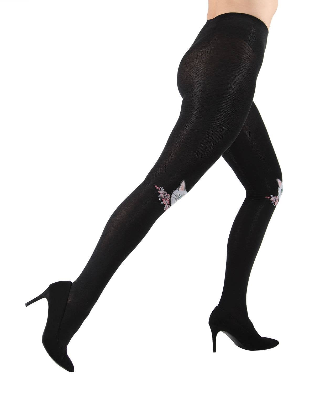 MeMoi Cat Face Design Sweater Tights: Black / L-XL