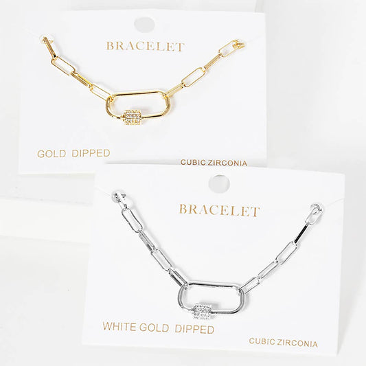 Gold Dipped CZ Carabiner Pointed Paperclip Chain Bracelet