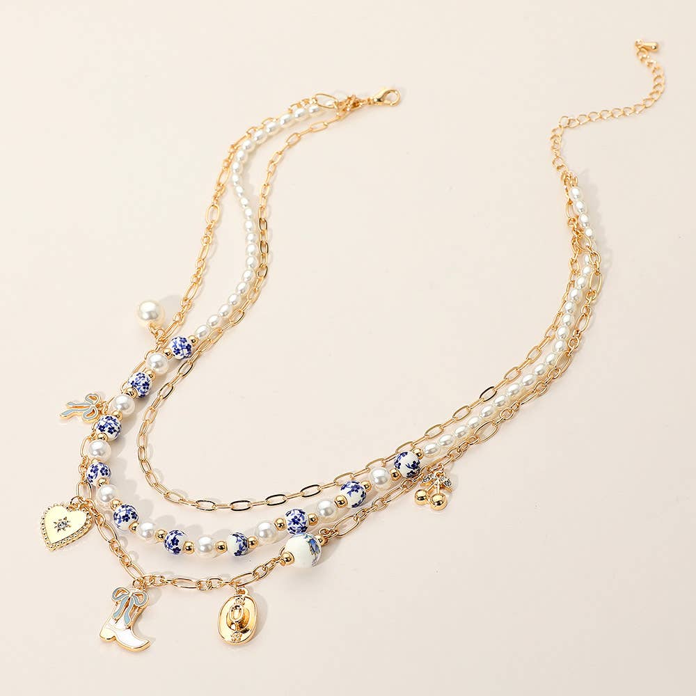 Western Cowboy Boot Hat Bow Cherry Heart Charm Station Pearl Floral Ceramic Ball Beaded Layered Necklace: Gold Green