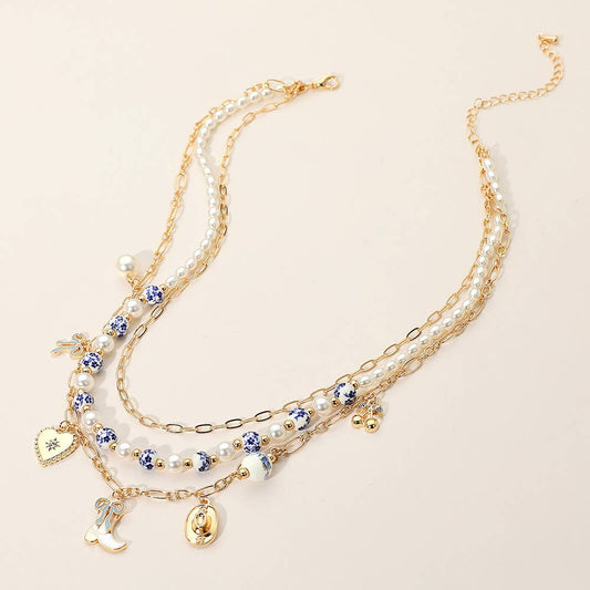 Western Cowboy Boot Hat Bow Cherry Heart Charm Station Pearl Floral Ceramic Ball Beaded Layered Necklace: Gold Green