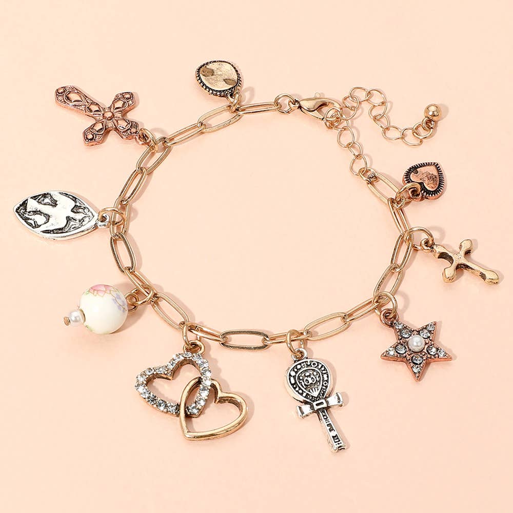 Heart Cross Star Ceramic Ball Charm Station Paperclip Chain Bracelet