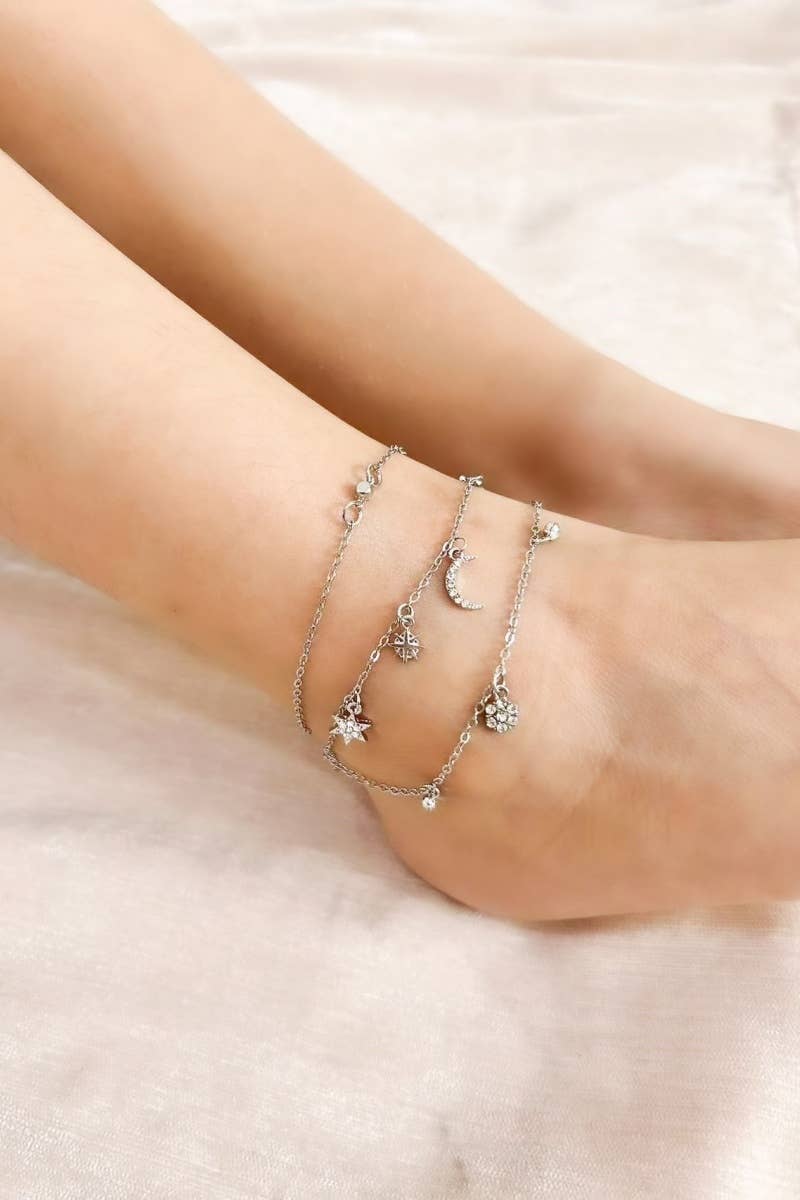 Celestial Charm Layered Anklet - Sparkling Star & Moon Dangl: Silver