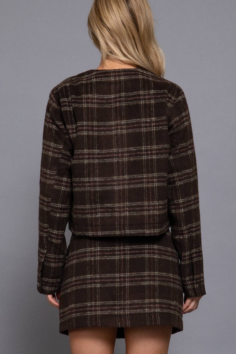 Long Sleeve Round Neck Brushed Plaid Jacket