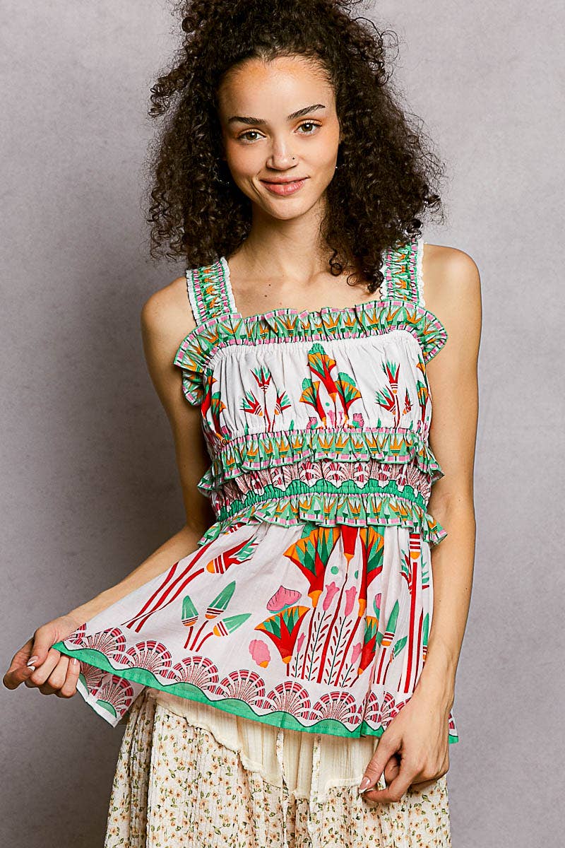 Square Neck Sleeveless Printed Ruffle Dress Woven Top