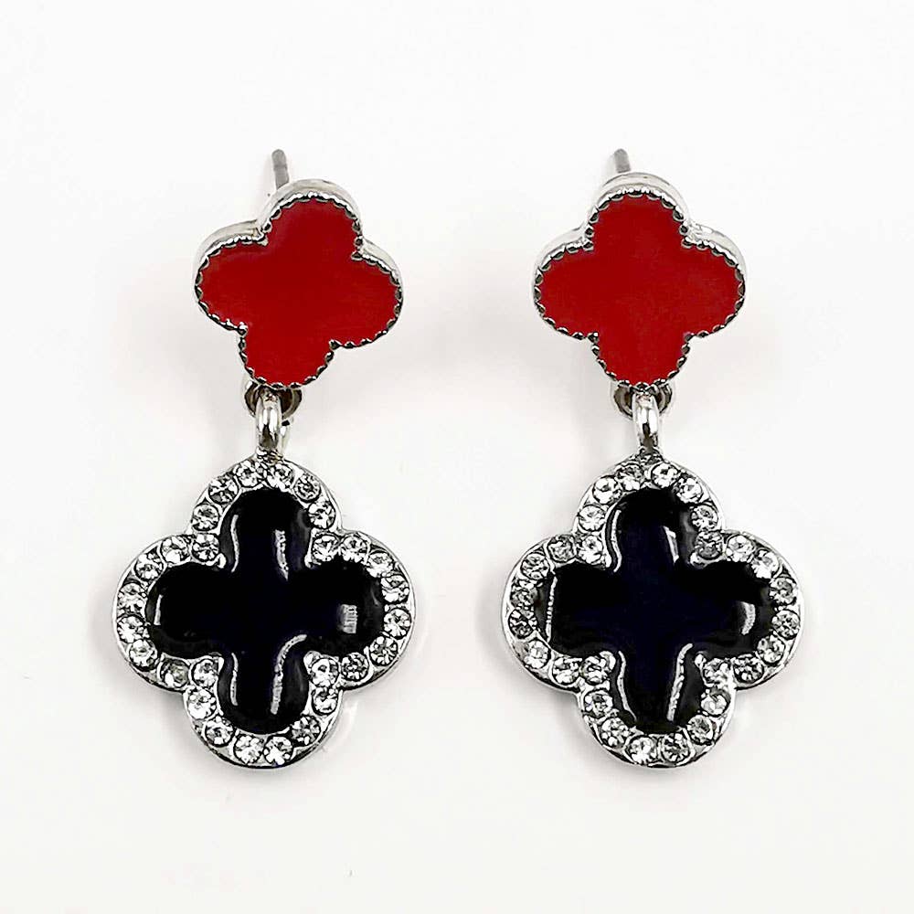 Rhinestone Accented Quatrefoil Drop Earrings: Black,Rhodium,White