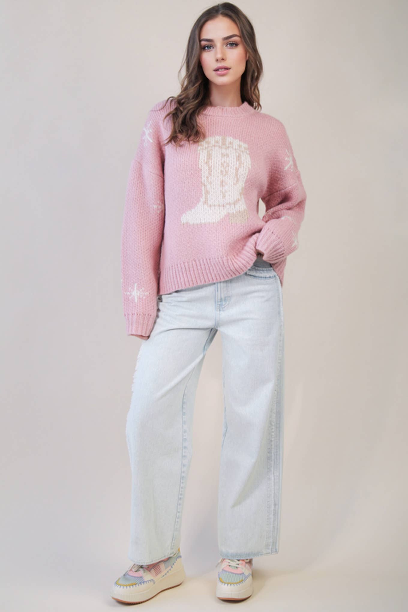 12W3402N-Cowboy Boots Graphic Print Knit Sweater