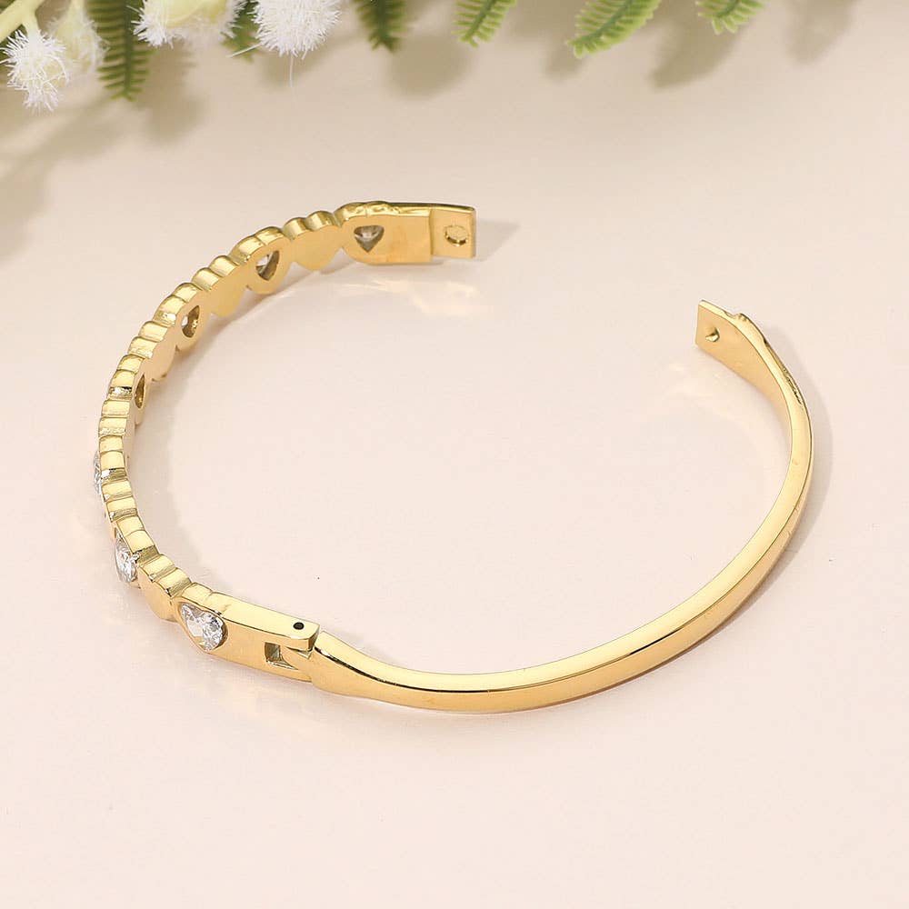SECRET BOX_Stainless Steel Heart Crystal Hinged Bangle Bracelet