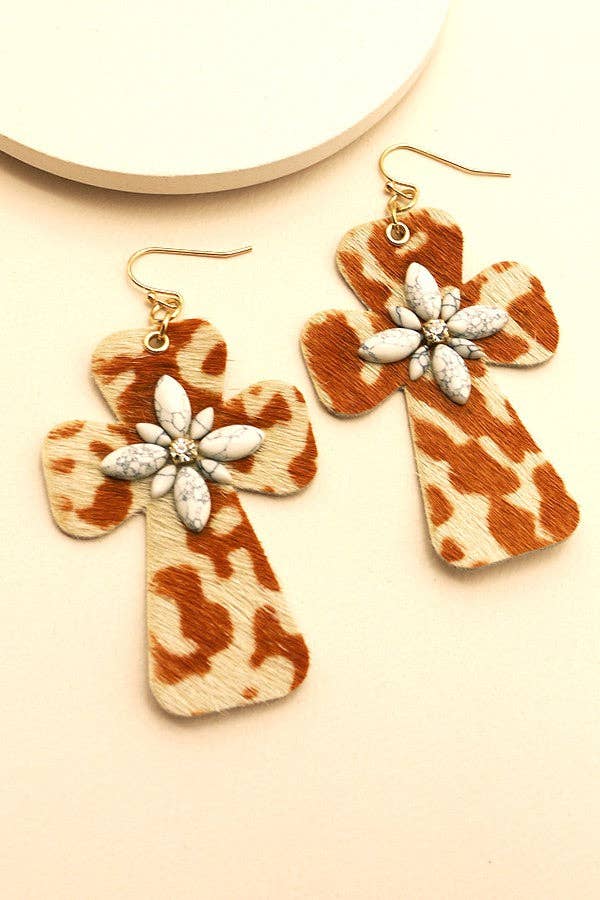 BOHO FAUX LEATHER CROSS WITH STONE EARRINGS | 51E1093006: TURQ