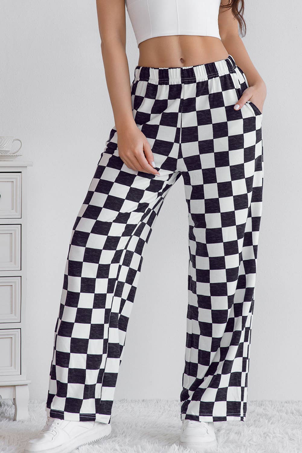 LA SOCIETY Checkered Print High Waist Wide Leg Pants Bottoms