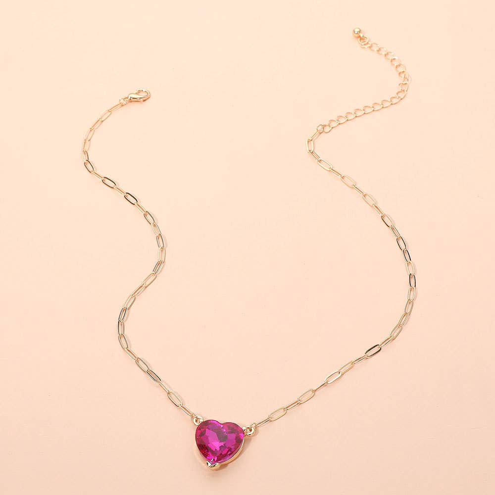 J38. Heart Stone Pendant Paperclip Chain Necklace