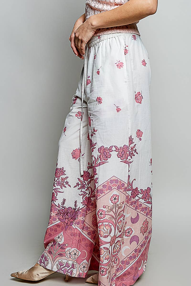Floral Stripe Block Print Elastic Waist Wide Leg Pants