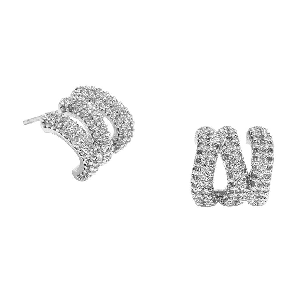 14K Gold Dipped CZ Stone Paved Triple Row Half Hoop Small Earrings