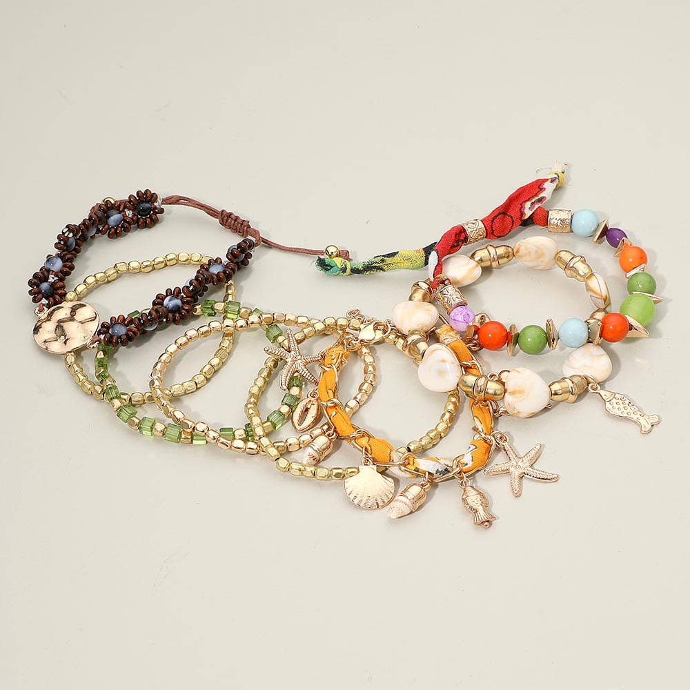 8PCS - Boho Starfish Fish Shell Charm Beaded Stretch Adjustable Multi Layered Bracelets