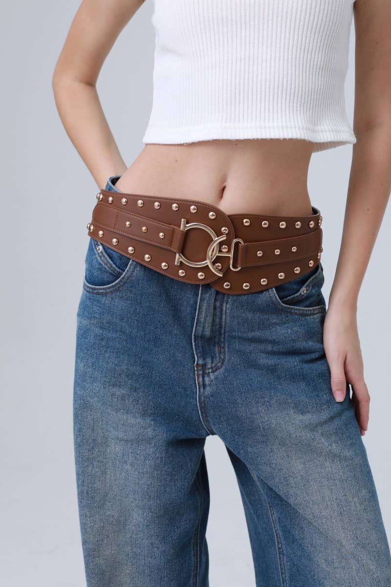 Bohemian Wide Leather Belt – Studded Ethnic Waist Cincher