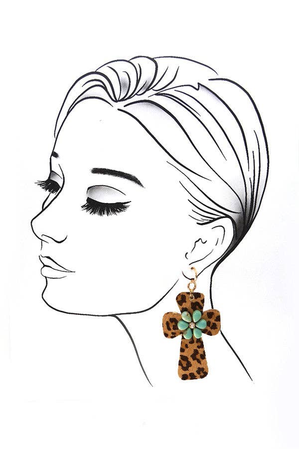 BOHO FAUX LEATHER CROSS WITH STONE EARRINGS | 51E1093006: TURQ