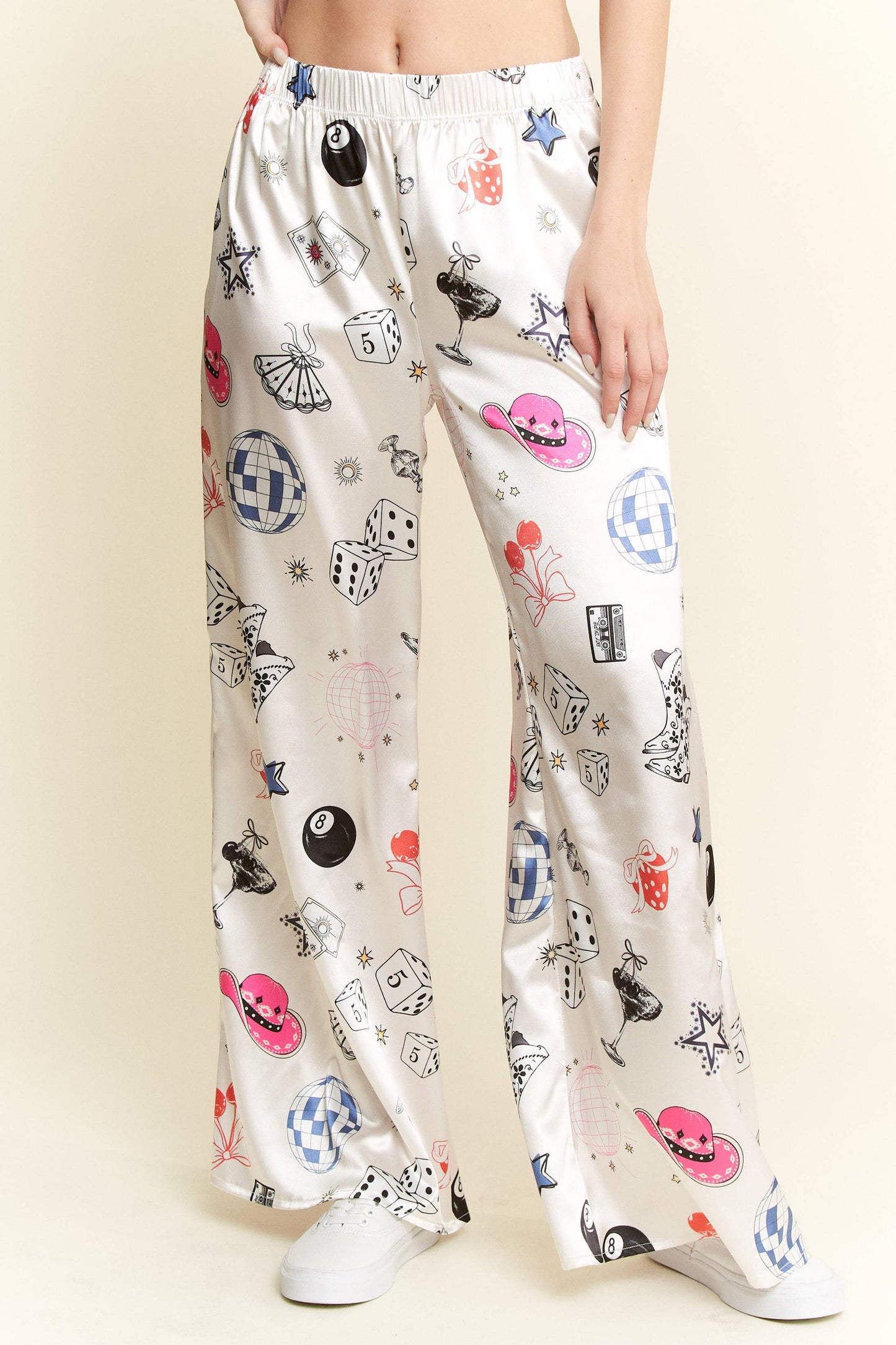 PARTY COLLAGE SATIN PANTS: Black / XL