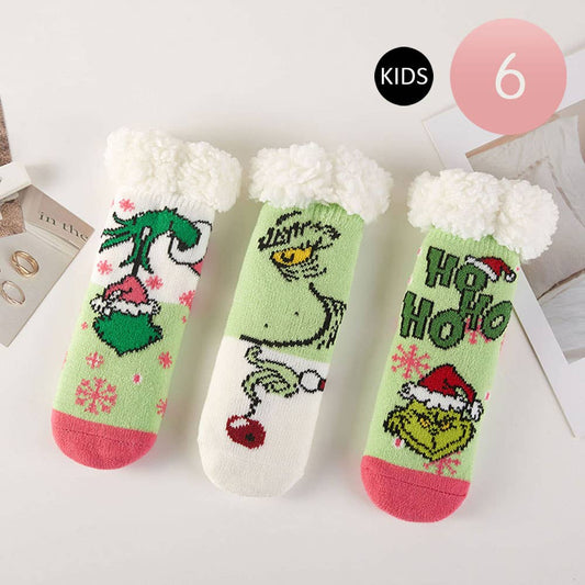 6Pairs - Kids Holiday Grinch Fuzzy Winter Socks Set
