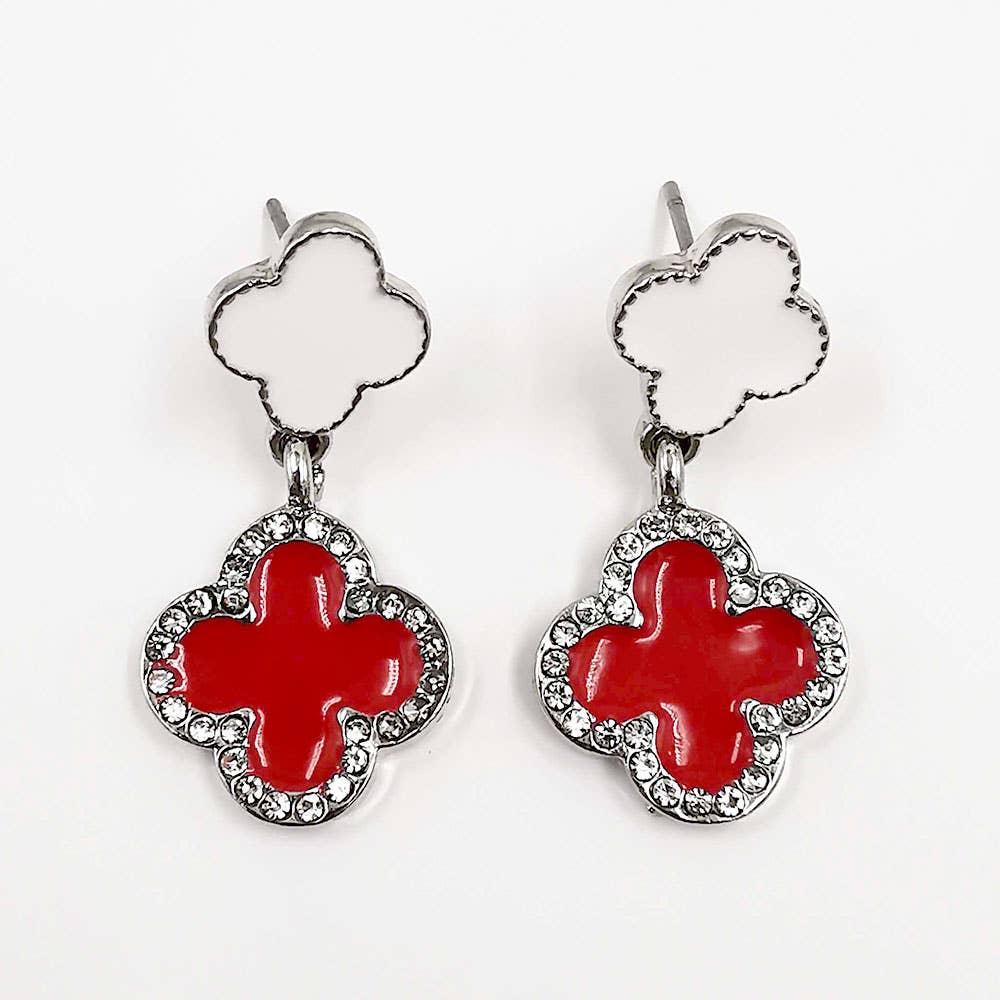 Rhinestone Accented Quatrefoil Drop Earrings: Black,Rhodium,White