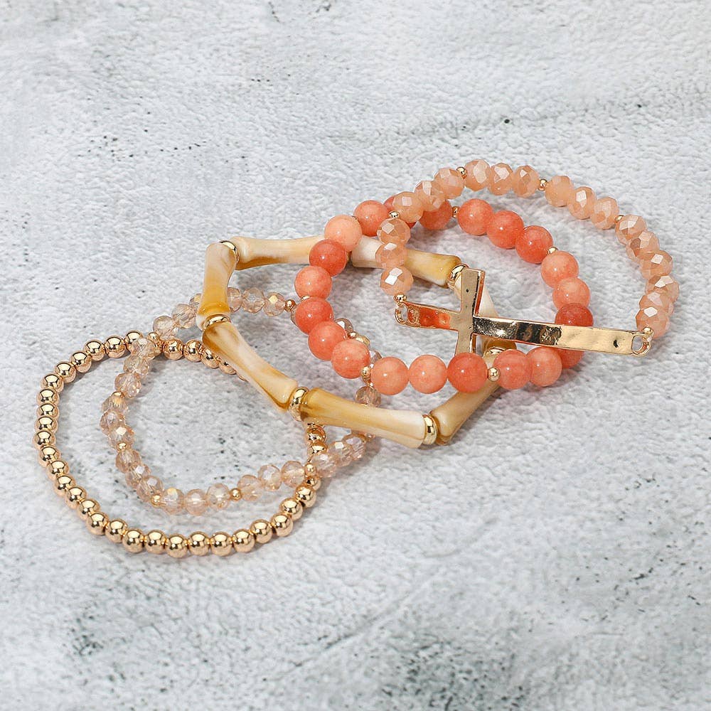 5PCS - Metal Cross Accent Resin Bamboo Bar Faceted Beaded Stretch Multi Layered Bracelets