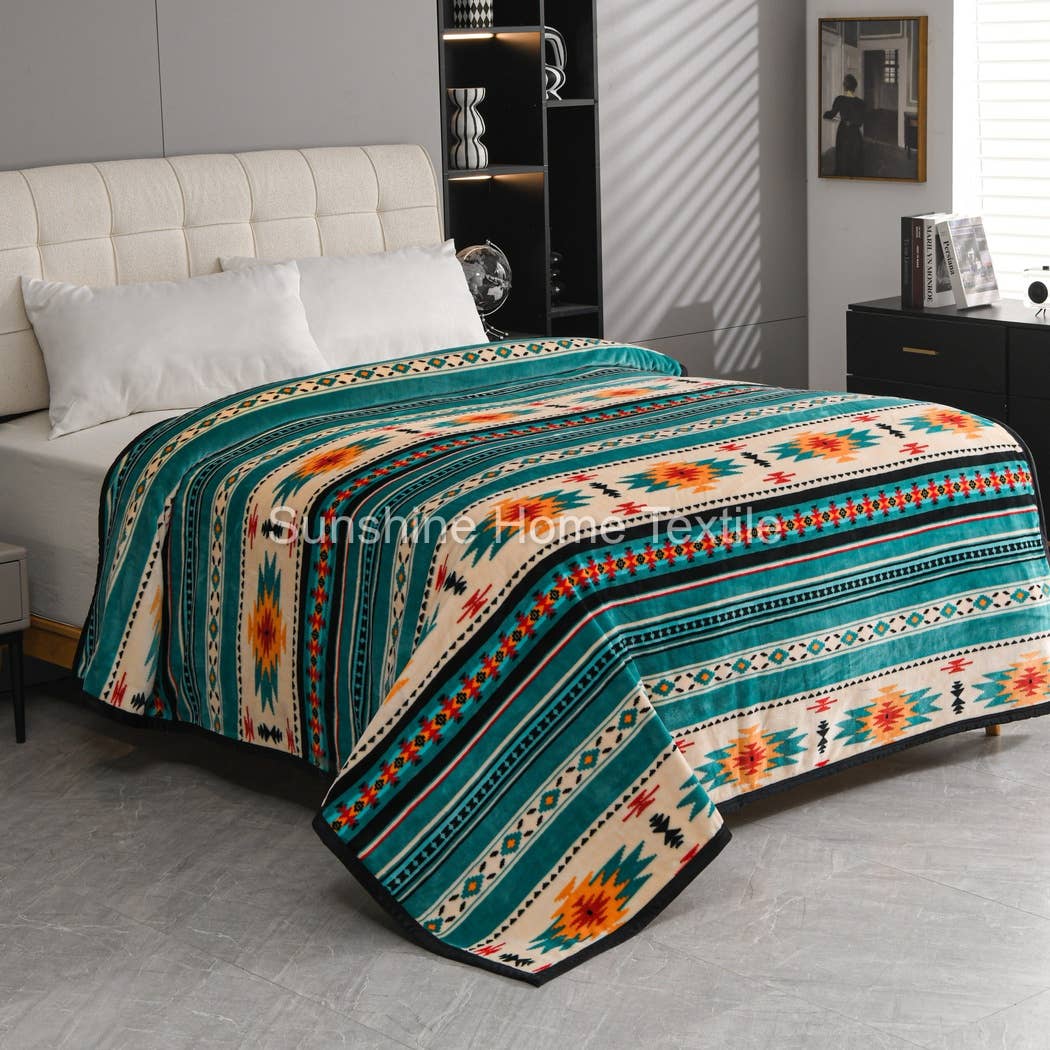 Green & Tan Southwest Aztec King Size Super Plush Blanket