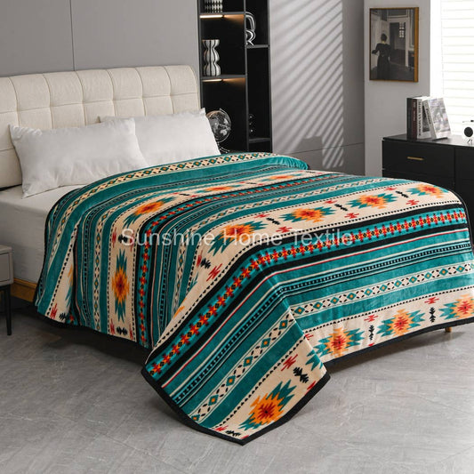 Green & Tan Southwest Aztec King Size Super Plush Blanket