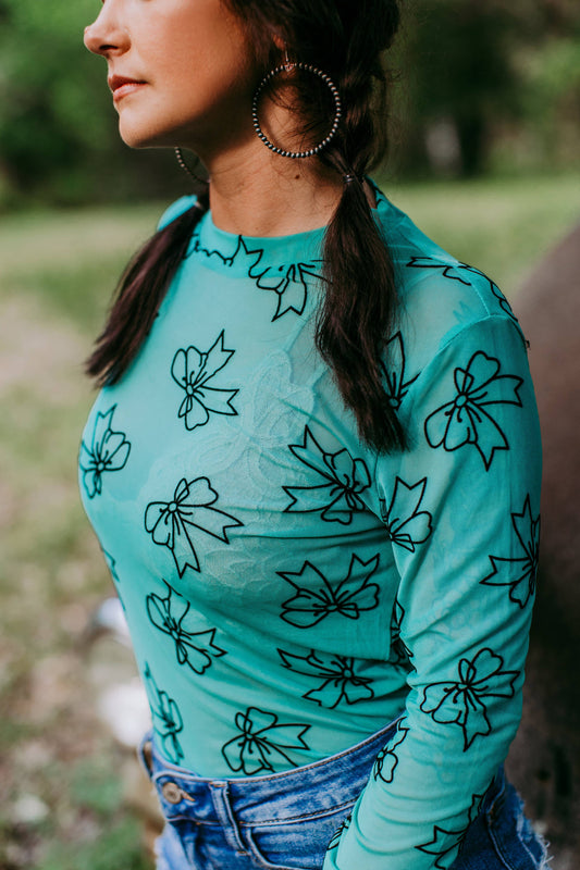 MK514 3D Bow LS Mesh Top: Turquoise / L