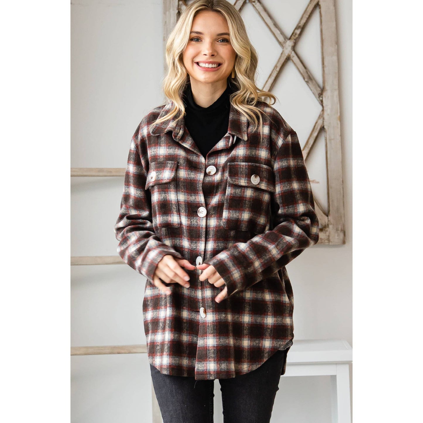 VJ71471 - Classic Plaid Shirts Jacket: Brown Combo / L