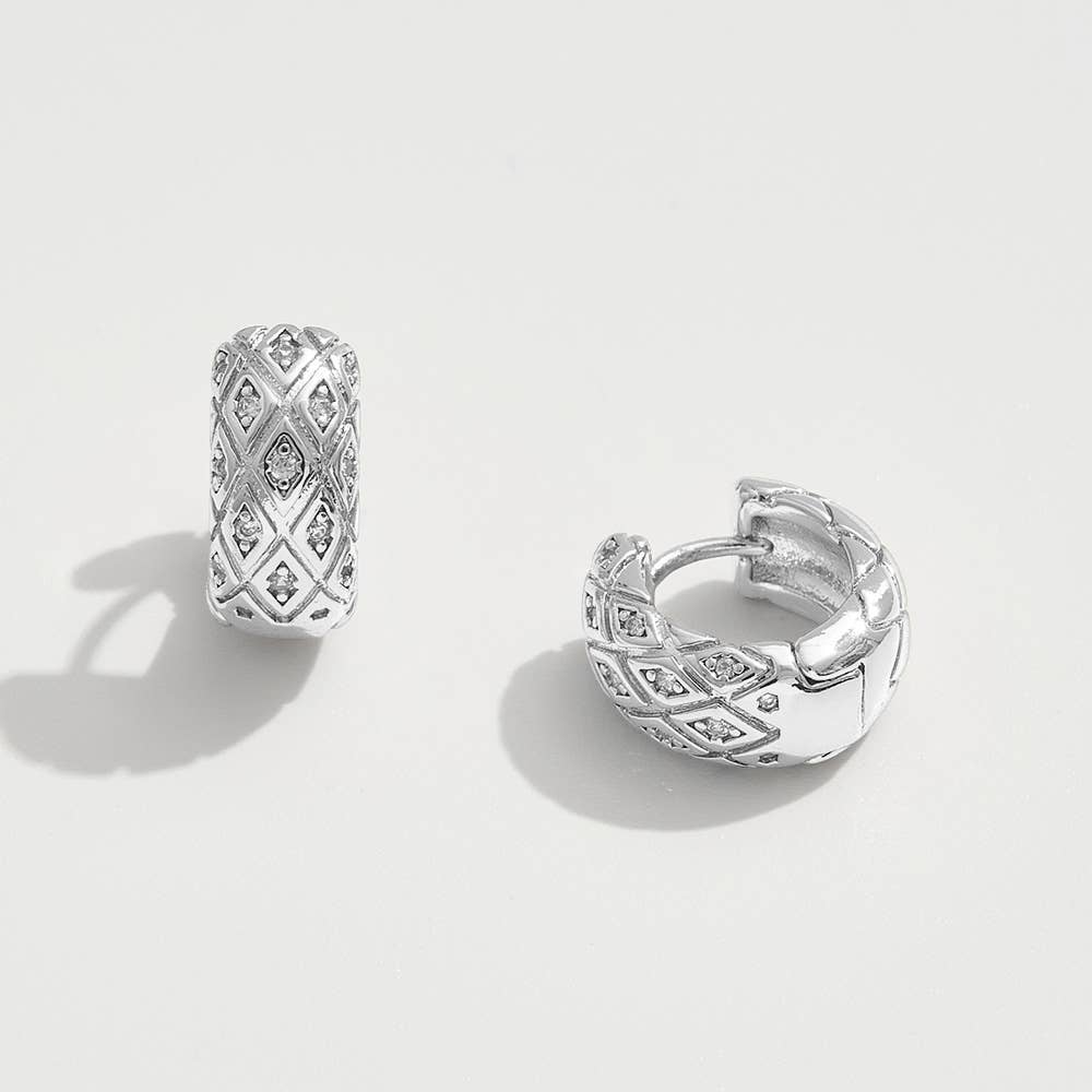 14K Gold Dipped CZ Stone Paved Quilted Mini Huggie Hoop Earrings