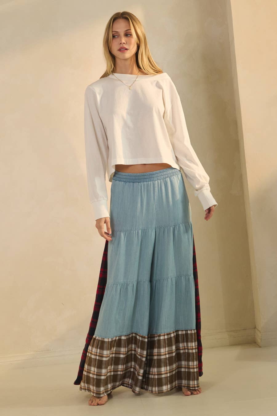 Color Block Tiered Pants: Washed Chambray / L