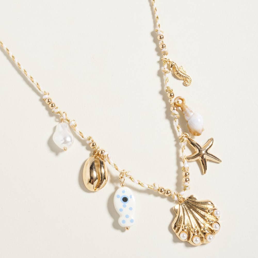 J5. Pearl Seashell Starfish Seahorse Charm Station Fabric Chain Twisted Necklace
