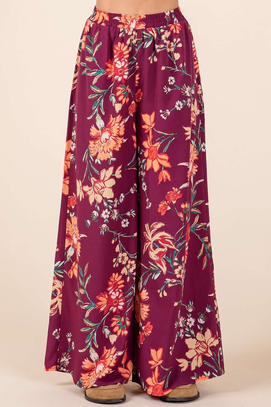 FLOWER PRINT ELASTIC WAIST MID RISE WIDE LEG PANTS